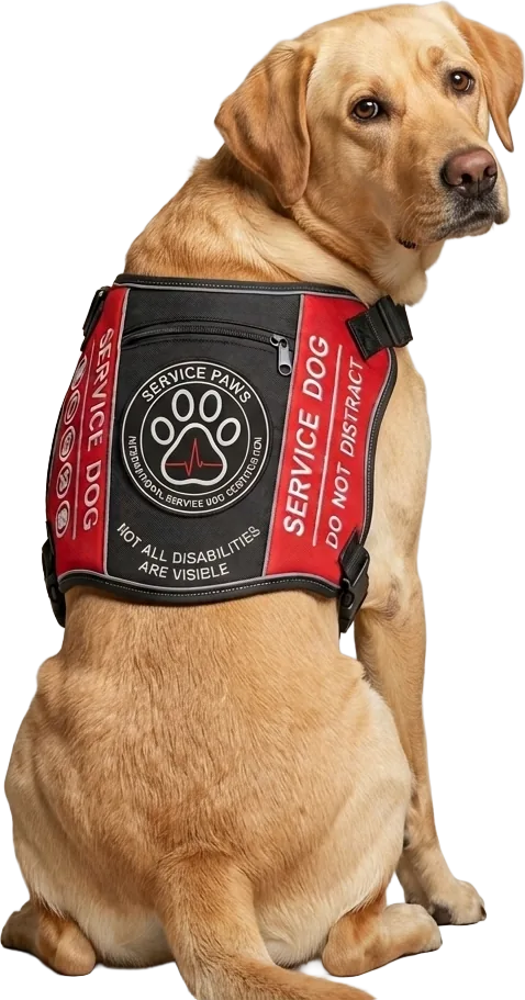 Labrador perro de asistencia con el chaleco rojo de certificación de Service Paws